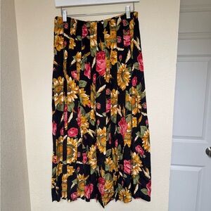 Black Floral Pleated Maxi Skirt - Pink & Yellow Floral